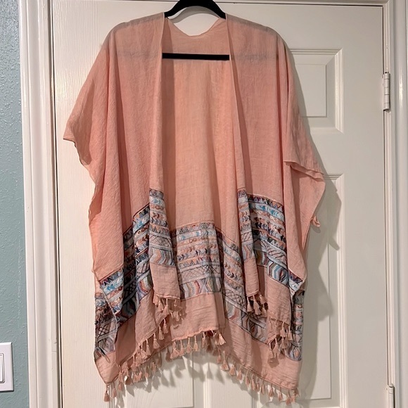 Brandie Peach Embroidered Open Front Tassel Detail Kimono - Picture 8 of 13